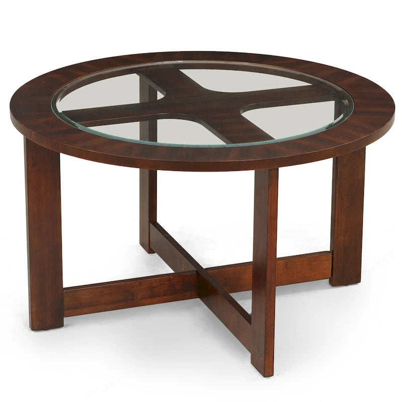 Ensemble table ronde en bois massif avec plateau en verre, table basse avec 4 tabourets