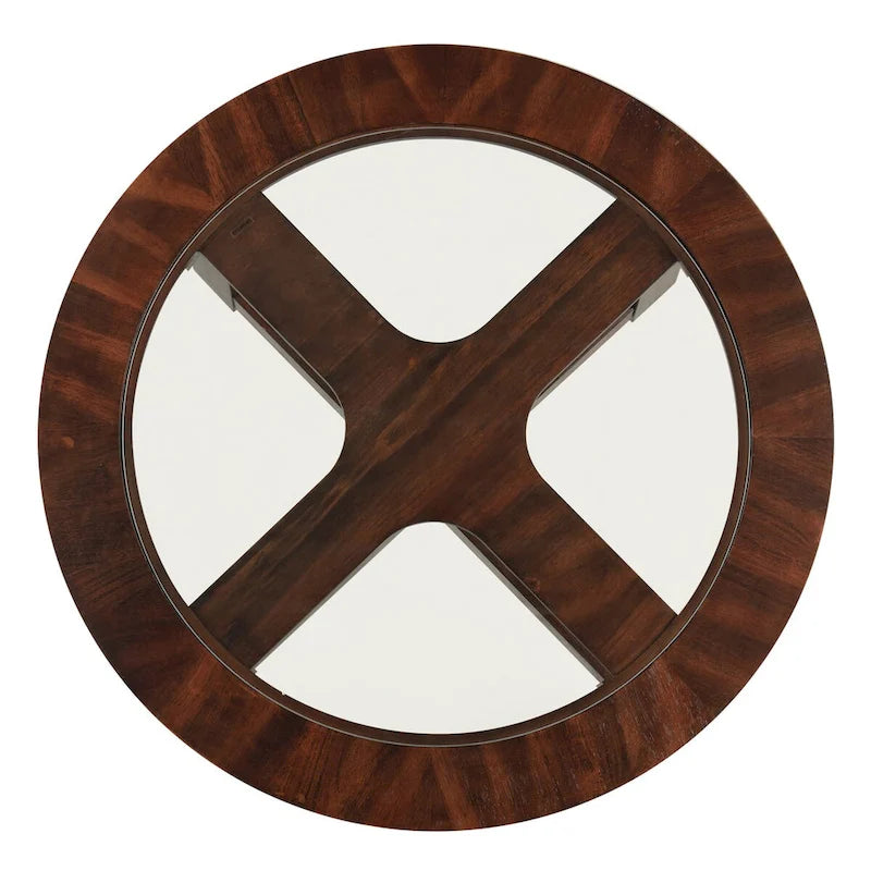 Ensemble table ronde en bois massif avec plateau en verre, table basse avec 4 tabourets