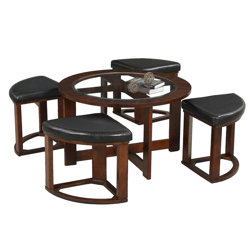 Ensemble table ronde en bois massif avec plateau en verre, table basse avec 4 tabourets