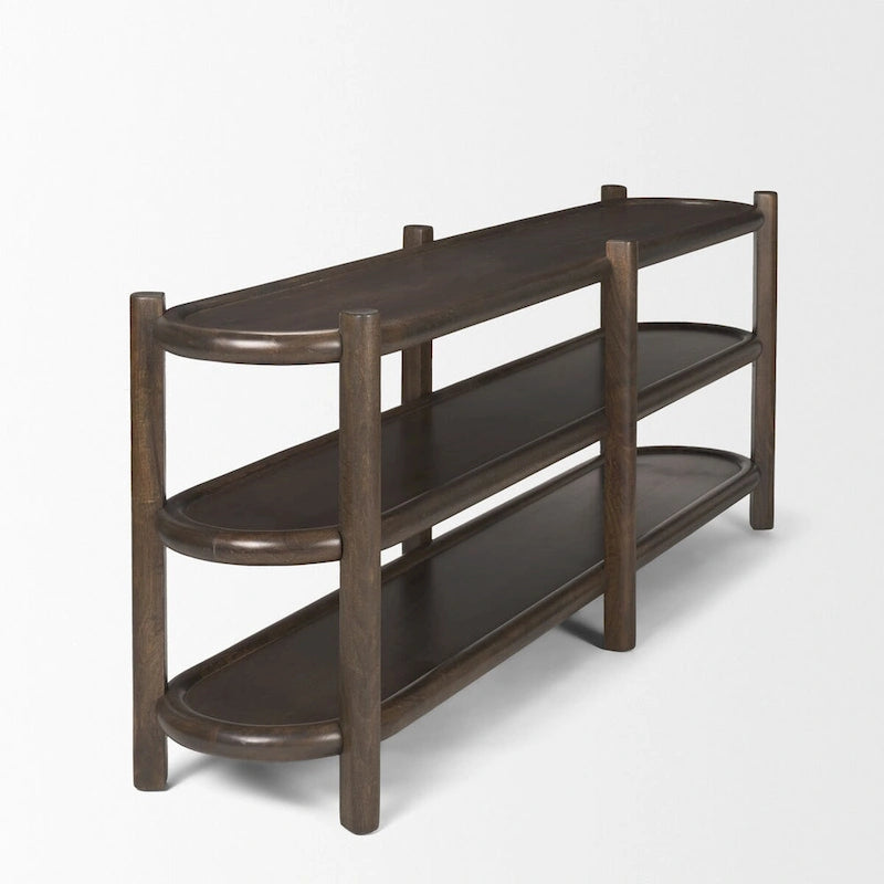 Console ovale Romi en bois marron foncé avec 3 étagères