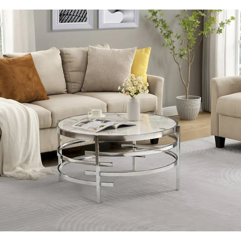 Table basse moderne avec plateau en pierre frittée et cadre métallique robuste