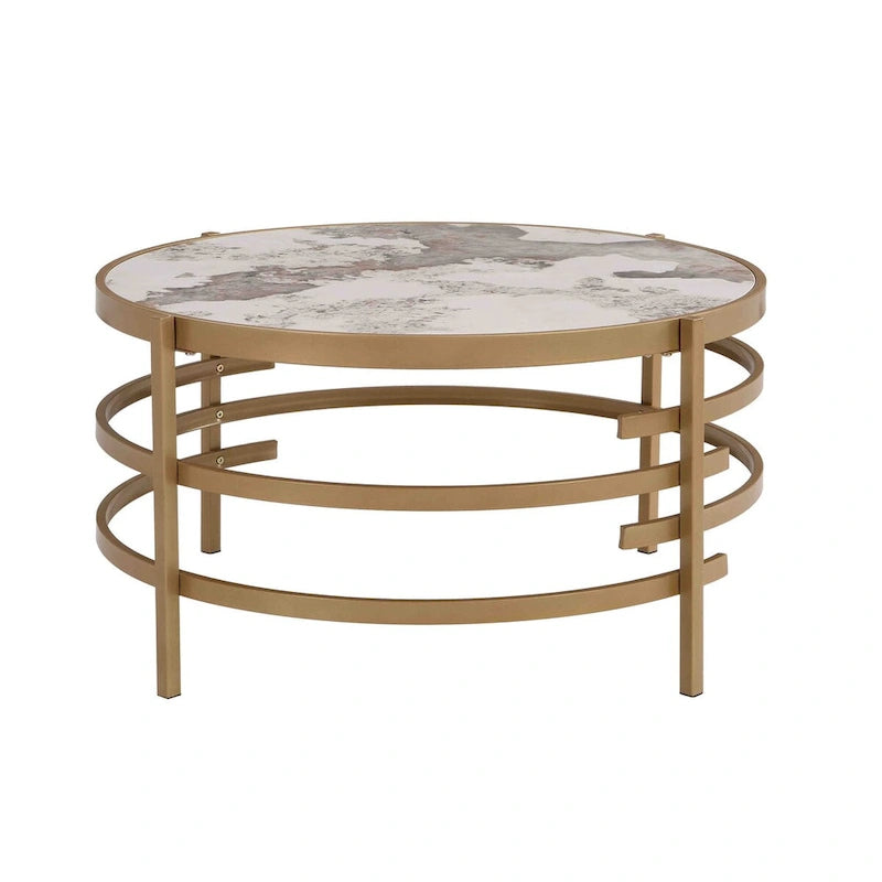 Table basse moderne avec plateau en pierre frittée et cadre métallique robuste