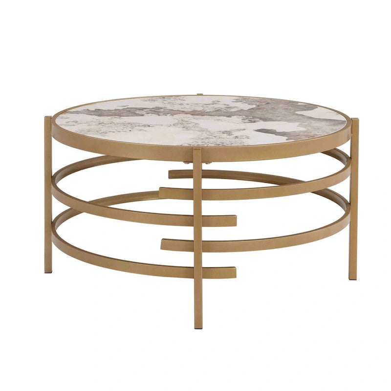 Table basse moderne avec plateau en pierre frittée et cadre métallique robuste