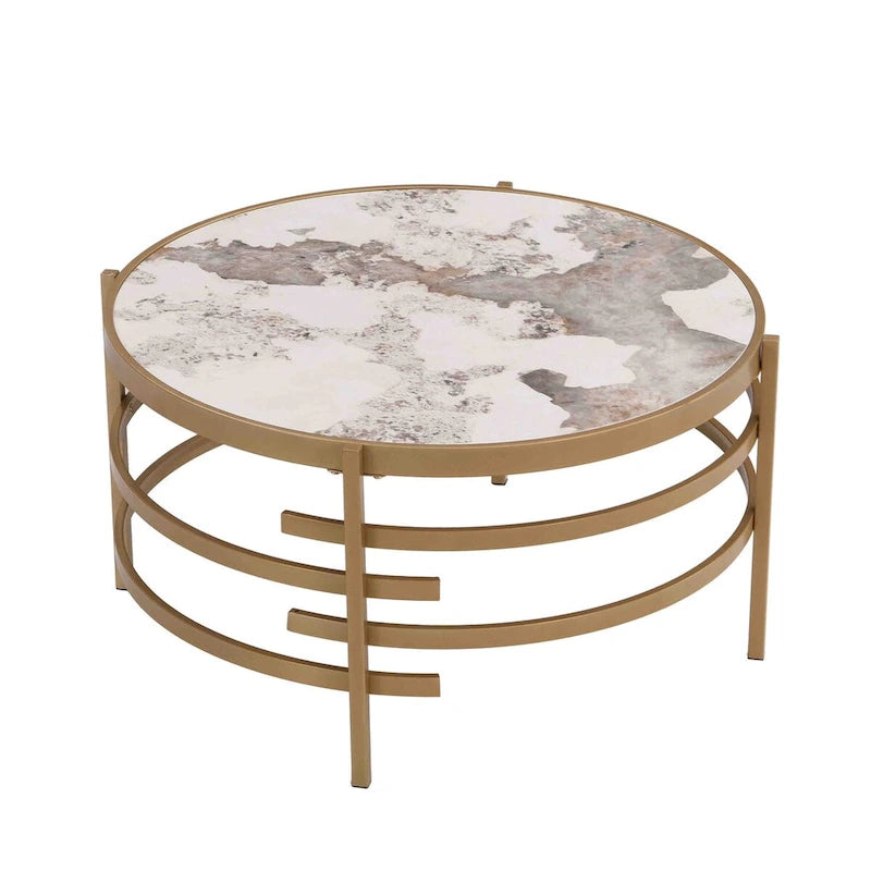 Table basse moderne avec plateau en pierre frittée et cadre métallique robuste