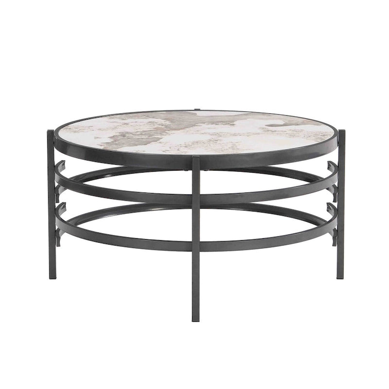 Table basse moderne avec plateau en pierre frittée et cadre métallique robuste