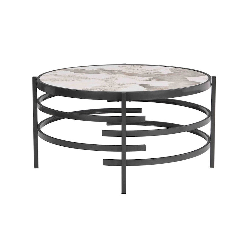 Table basse moderne avec plateau en pierre frittée et cadre métallique robuste