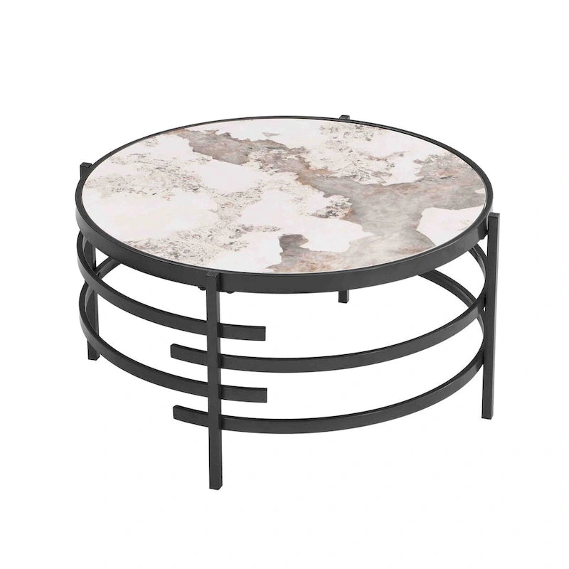 Table basse moderne avec plateau en pierre frittée et cadre métallique robuste