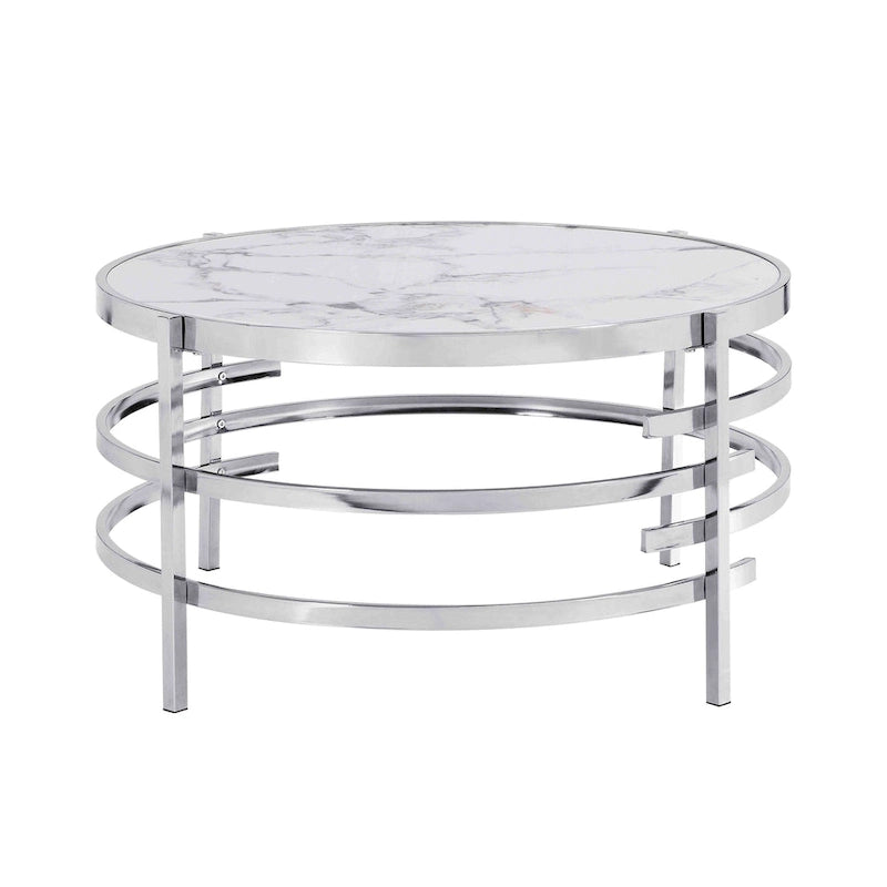 Table basse moderne avec plateau en pierre frittée et cadre métallique robuste