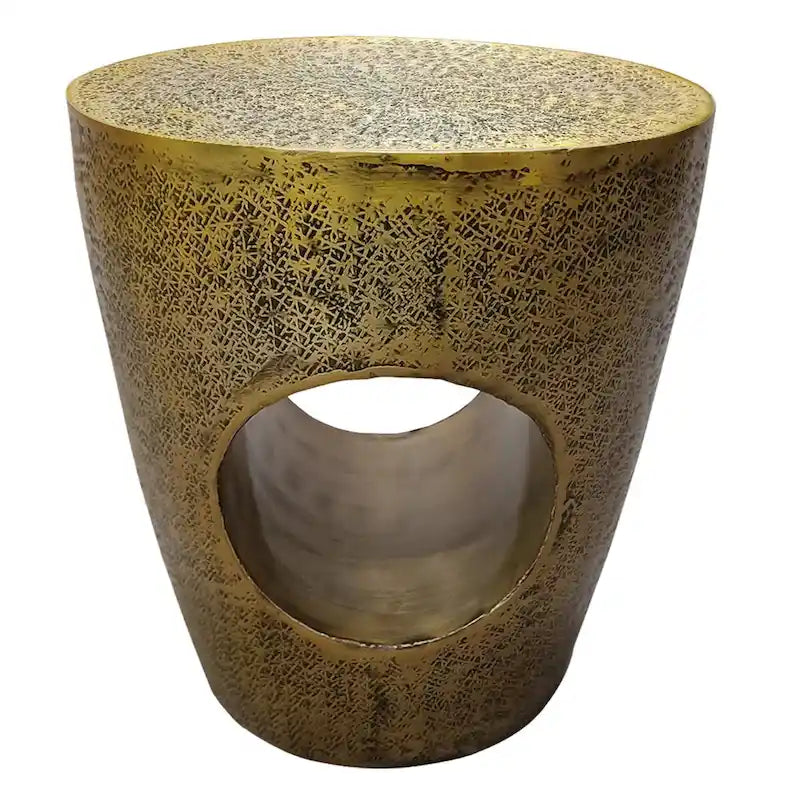 Table d'appoint Nala 17 pouces, forme de tambour conique avec centre creux unique, aluminium laiton antique