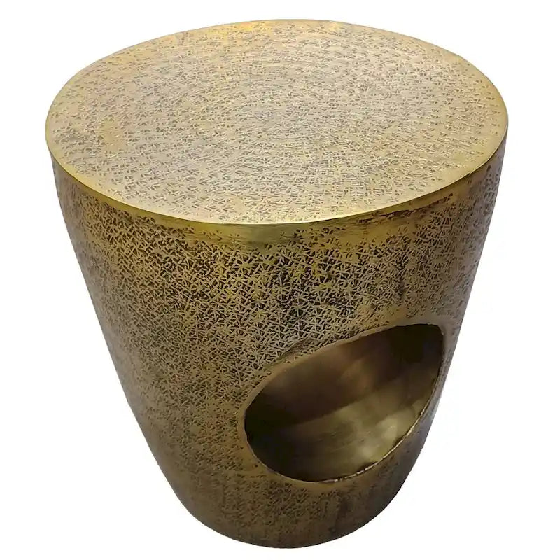 Table d'appoint Nala 17 pouces, forme de tambour conique avec centre creux unique, aluminium laiton antique