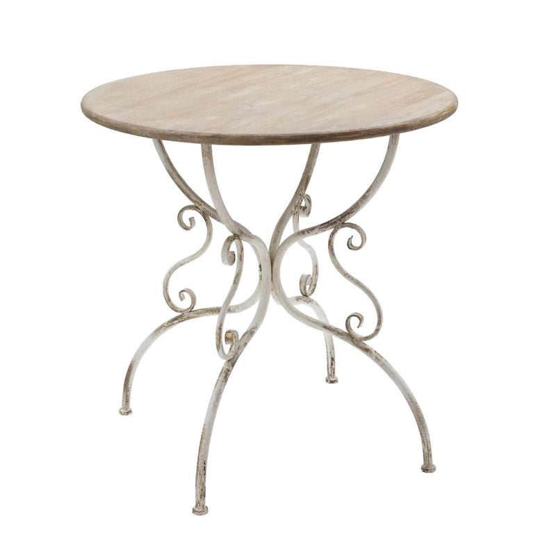 Table ronde en bois avec pieds en métal ouvragé