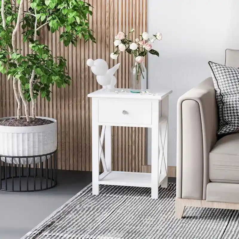 Table d'appoint, table de chevet de style campagnard avec tiroir de rangement, étagère ouverte et cadre en X, table de chevet pour salon, blanc