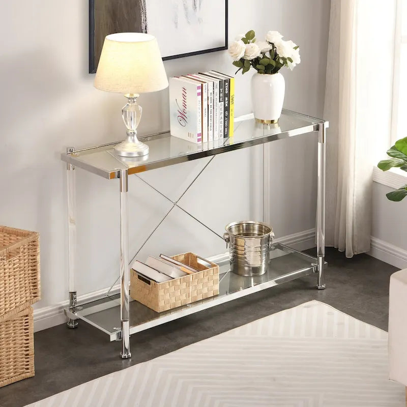 Table basse en verre chromé 43.31, table d'appoint en acrylique, console pour salon et chambre