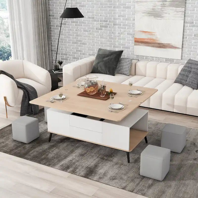 Ensemble de 5 tables basses relevables avec rangement, table à manger convertible
