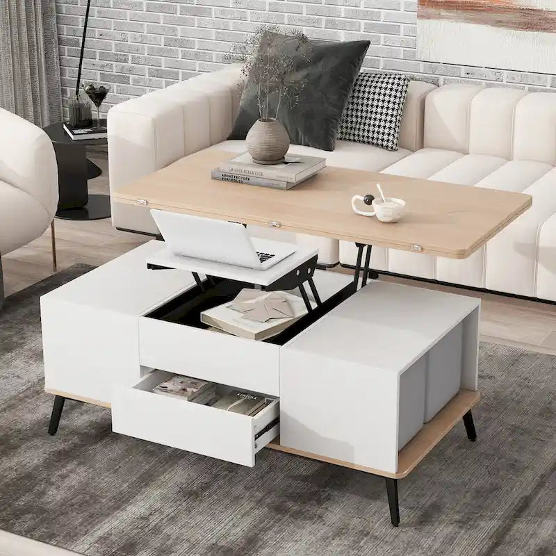 Ensemble de 5 tables basses relevables avec rangement, table à manger convertible