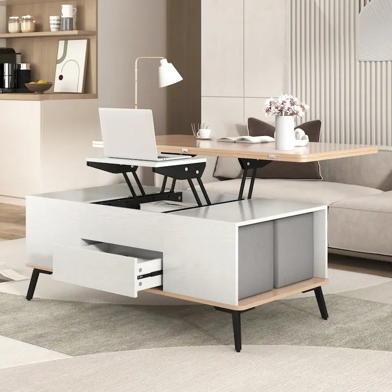Ensemble de 5 tables basses relevables avec rangement, table à manger convertible