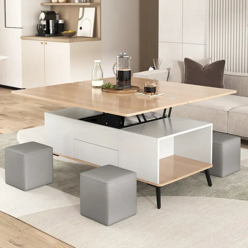 Ensemble de 5 tables basses relevables avec rangement, table à manger convertible