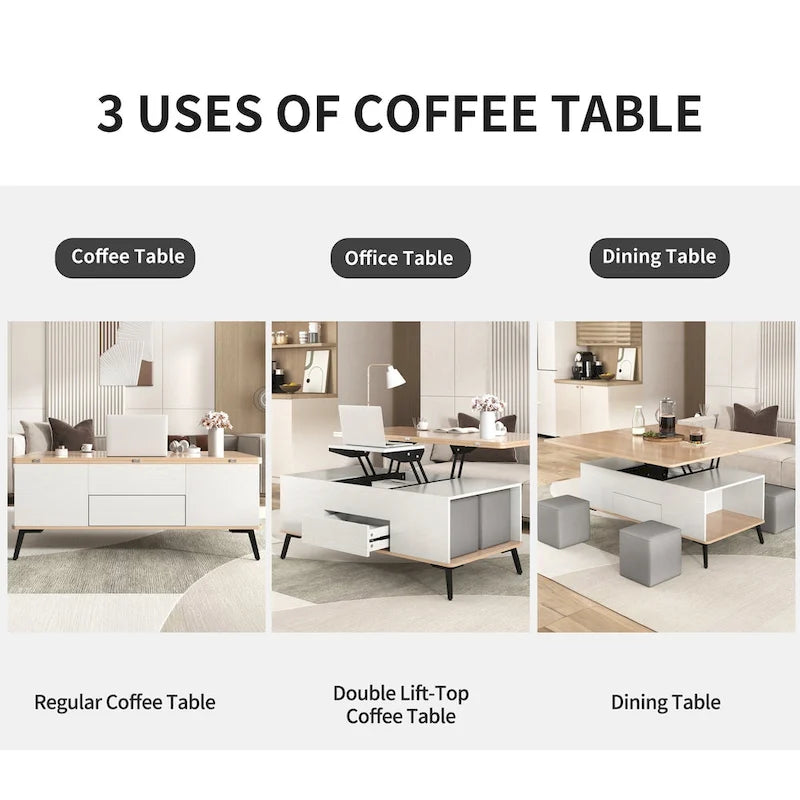 Ensemble de 5 tables basses relevables avec rangement, table à manger convertible