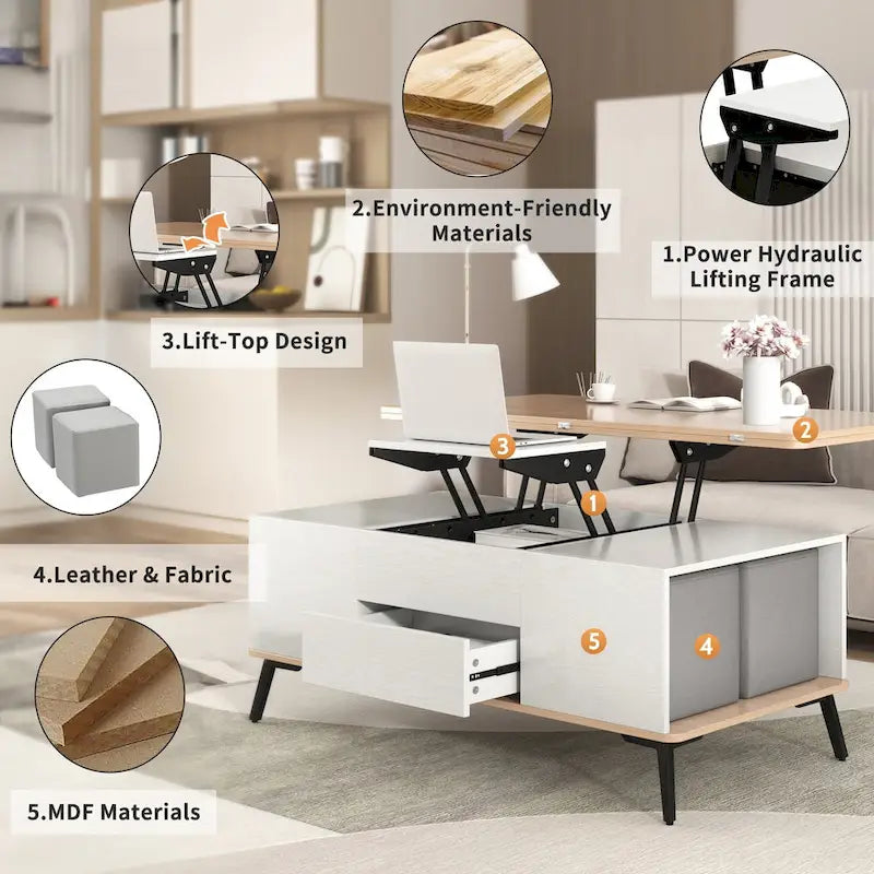 Ensemble de 5 tables basses relevables avec rangement, table à manger convertible