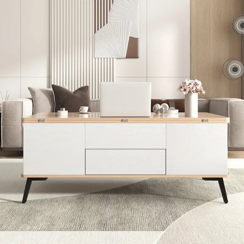 Ensemble de 5 tables basses relevables avec rangement, table à manger convertible