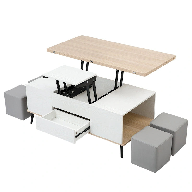 Ensemble de 5 tables basses relevables avec rangement, table à manger convertible