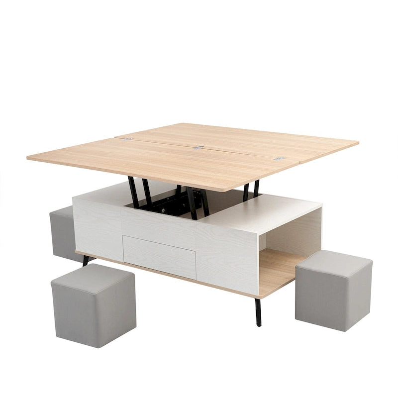 Ensemble de 5 tables basses relevables avec rangement, table à manger convertible