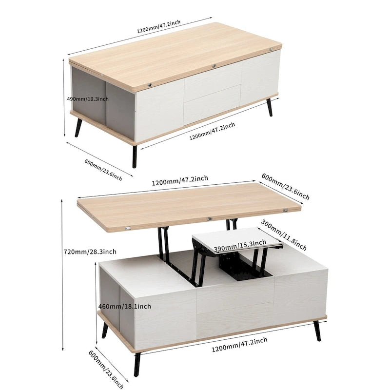 Ensemble de 5 tables basses relevables avec rangement, table à manger convertible