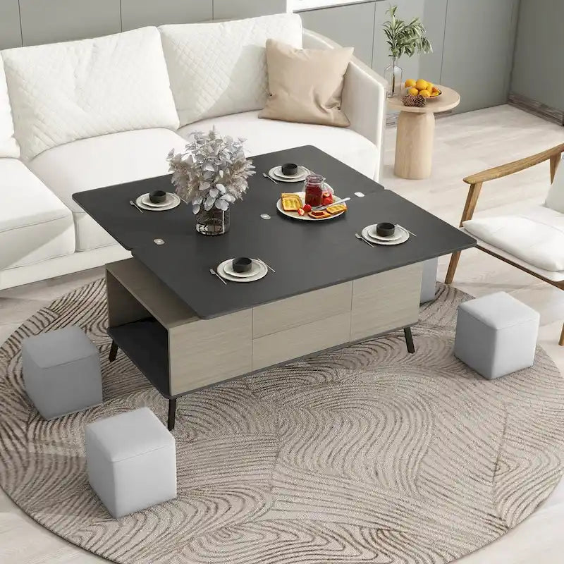 Ensemble de 5 tables basses relevables avec rangement, table à manger convertible