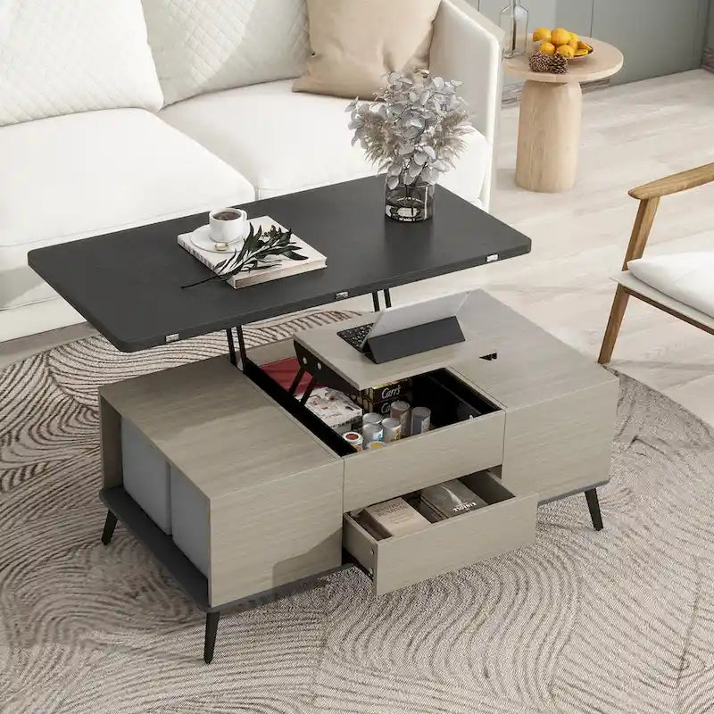 Ensemble de 5 tables basses relevables avec rangement, table à manger convertible