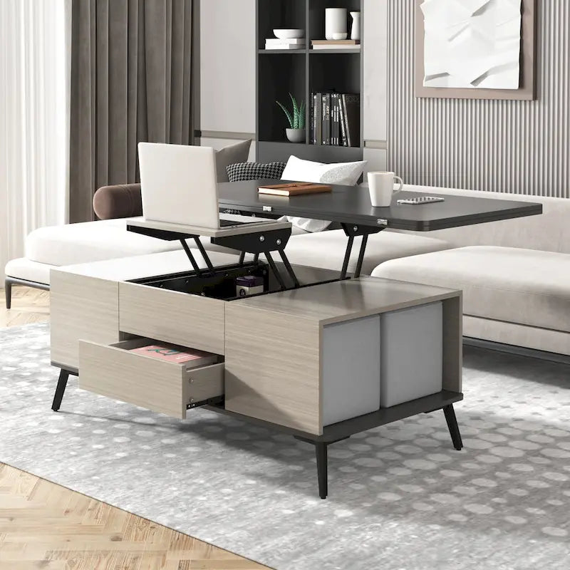 Ensemble de 5 tables basses relevables avec rangement, table à manger convertible