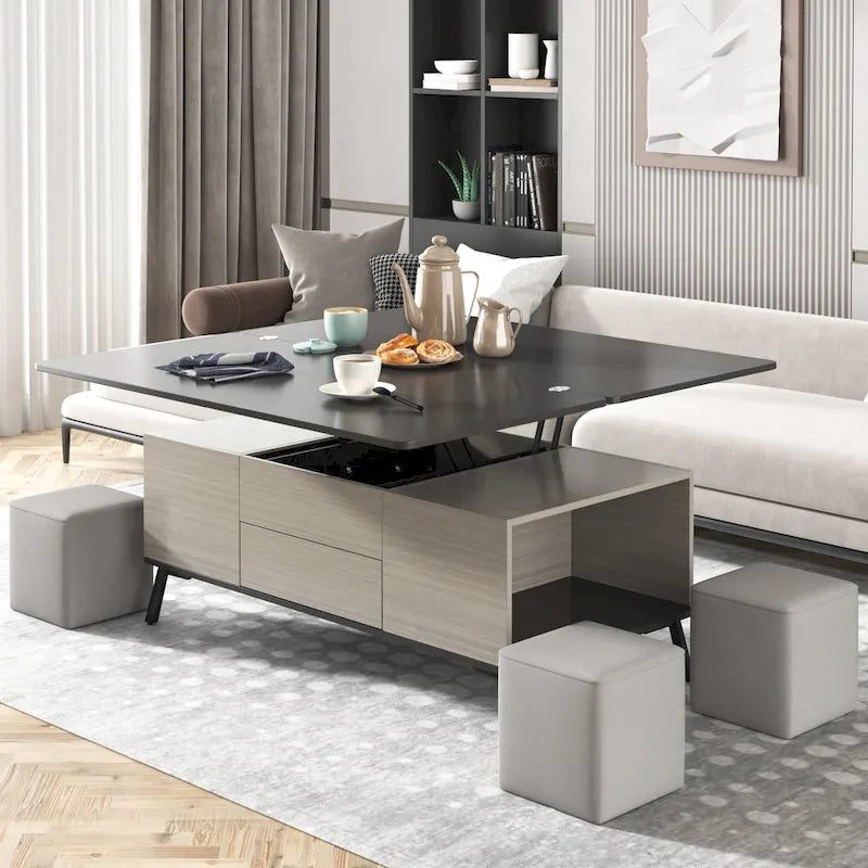 Ensemble de 5 tables basses relevables avec rangement, table à manger convertible
