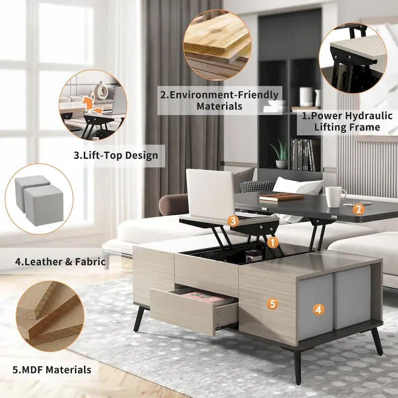 Ensemble de 5 tables basses relevables avec rangement, table à manger convertible