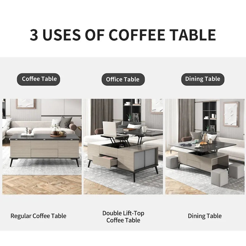 Ensemble de 5 tables basses relevables avec rangement, table à manger convertible