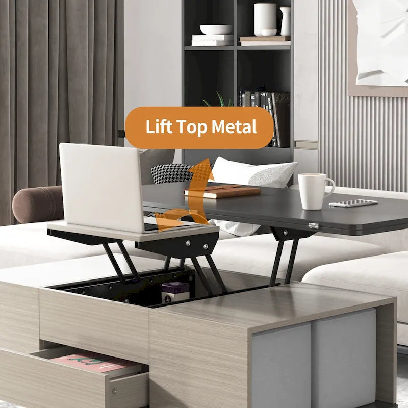 Ensemble de 5 tables basses relevables avec rangement, table à manger convertible