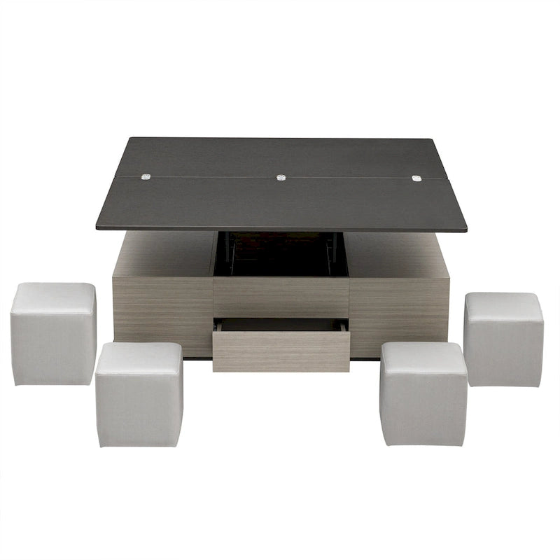 Ensemble de 5 tables basses relevables avec rangement, table à manger convertible