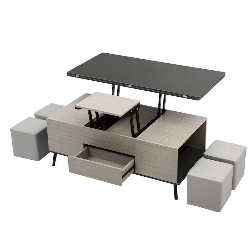 Ensemble de 5 tables basses relevables avec rangement, table à manger convertible