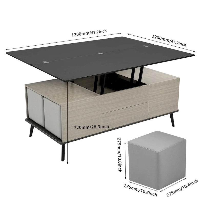 Ensemble de 5 tables basses relevables avec rangement, table à manger convertible