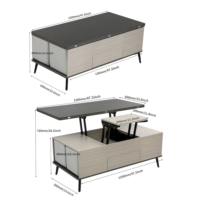 Ensemble de 5 tables basses relevables avec rangement, table à manger convertible