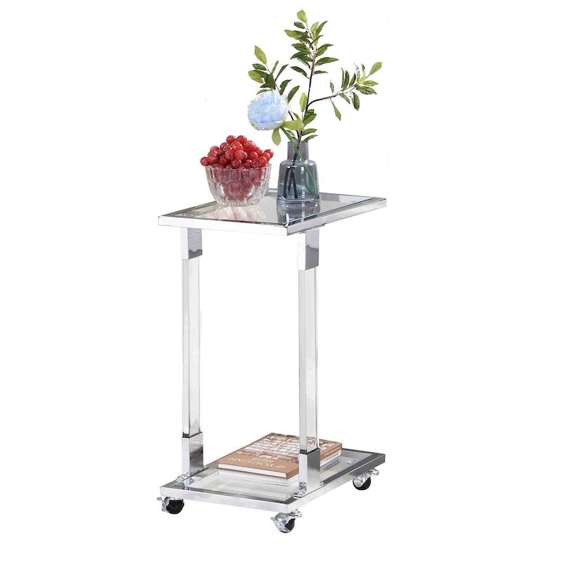 Table d'appoint en verre, Table d'appoint en acrylique, Table carrée en forme de C avec plateau en verre et base en métal
