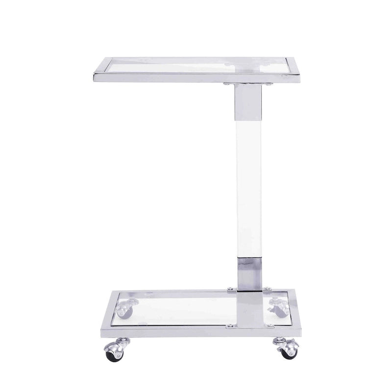 Table d'appoint en verre, Table d'appoint en acrylique, Table carrée en forme de C avec plateau en verre et base en métal