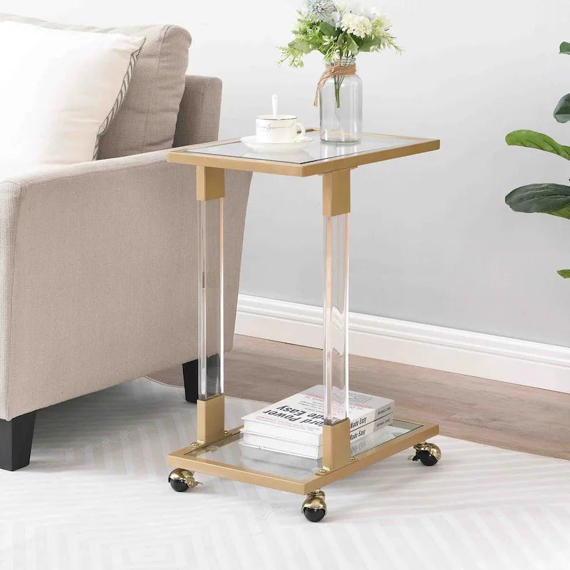 Table d'appoint en verre, Table d'appoint en acrylique, Table carrée en forme de C avec plateau en verre et base en métal