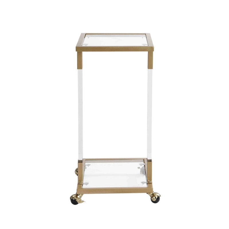 Table d'appoint en verre, Table d'appoint en acrylique, Table carrée en forme de C avec plateau en verre et base en métal