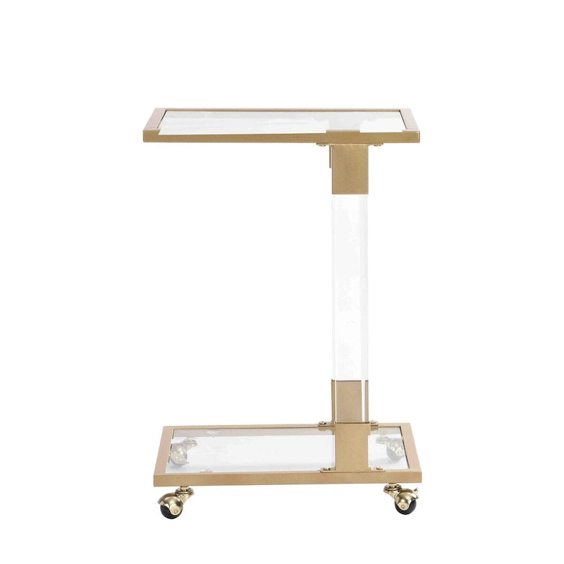 Table d'appoint en verre, Table d'appoint en acrylique, Table carrée en forme de C avec plateau en verre et base en métal