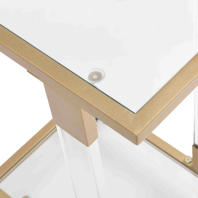 Table d'appoint en verre, Table d'appoint en acrylique, Table carrée en forme de C avec plateau en verre et base en métal