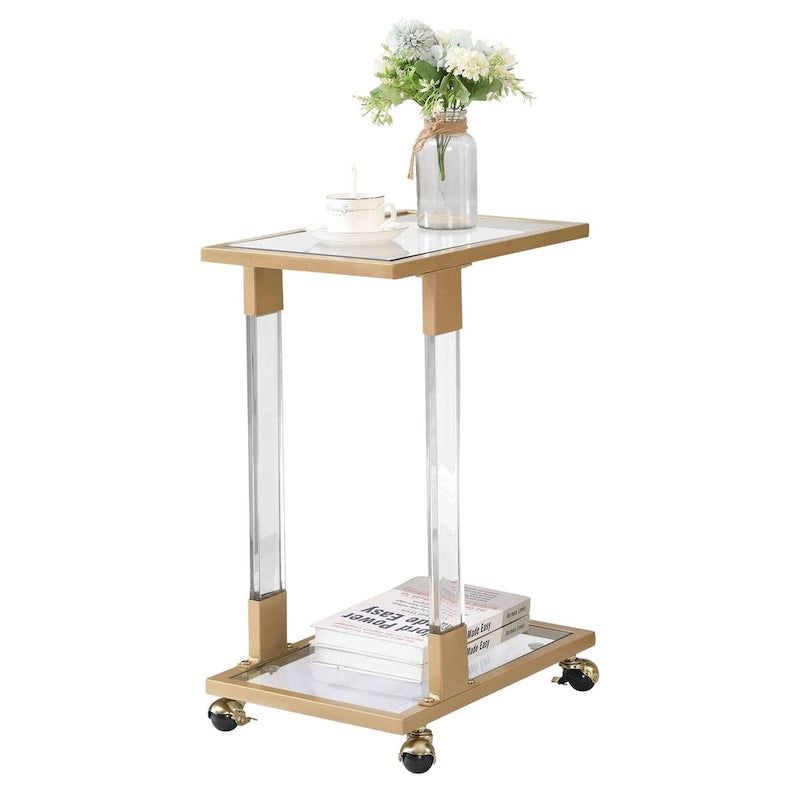 Table d'appoint en verre, Table d'appoint en acrylique, Table carrée en forme de C avec plateau en verre et base en métal