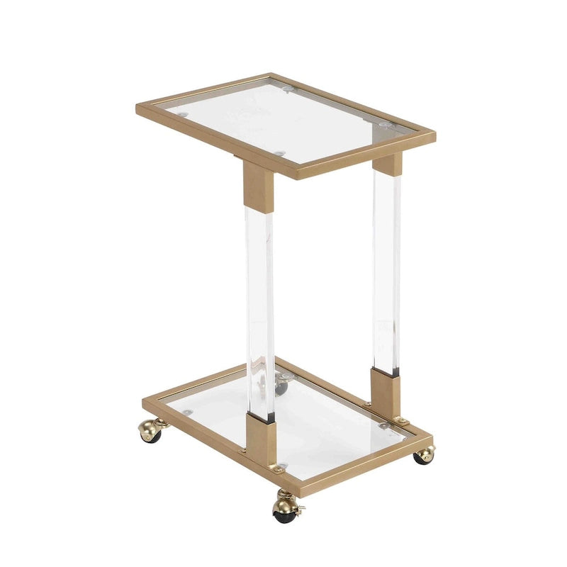 Table d'appoint en verre, Table d'appoint en acrylique, Table carrée en forme de C avec plateau en verre et base en métal