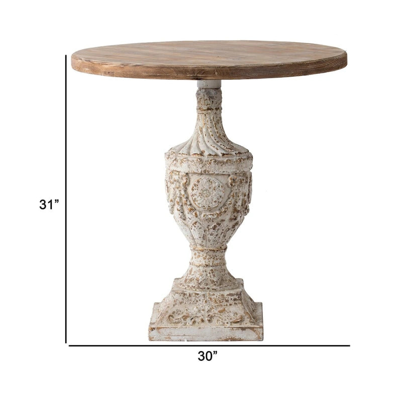 Table d'appoint de 31 pouces, piédestal en forme d'urne, plateau rond, blanc antique