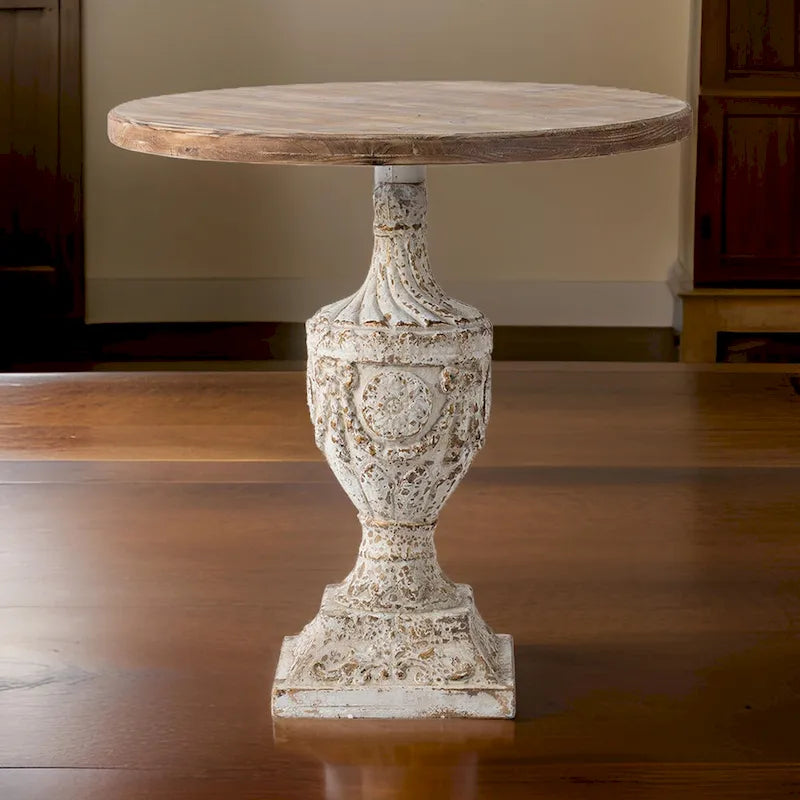 Table d'appoint de 31 pouces, piédestal en forme d'urne, plateau rond, blanc antique