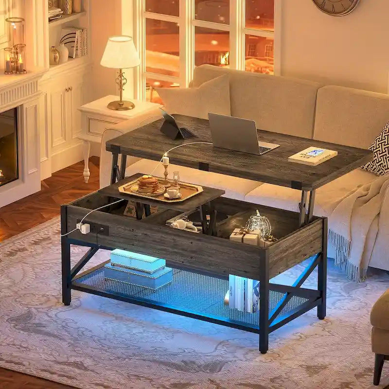 Table basse multifonctionnelle de style campagnard avec plateau relevable, se transforme en table à manger, avec lumière LED et prise de courant.