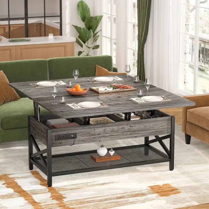Table basse multifonctionnelle de style campagnard avec plateau relevable, se transforme en table à manger, avec lumière LED et prise de courant.